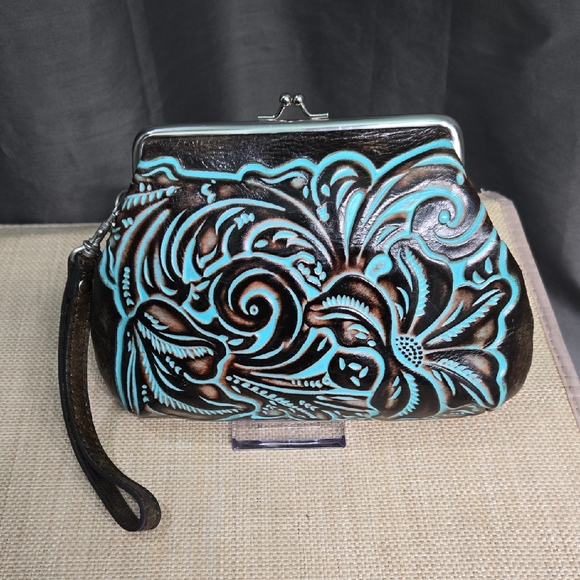 Patricia Nash Handbags - Patricia Nash Brown and Blue Embossed Floral Clutch